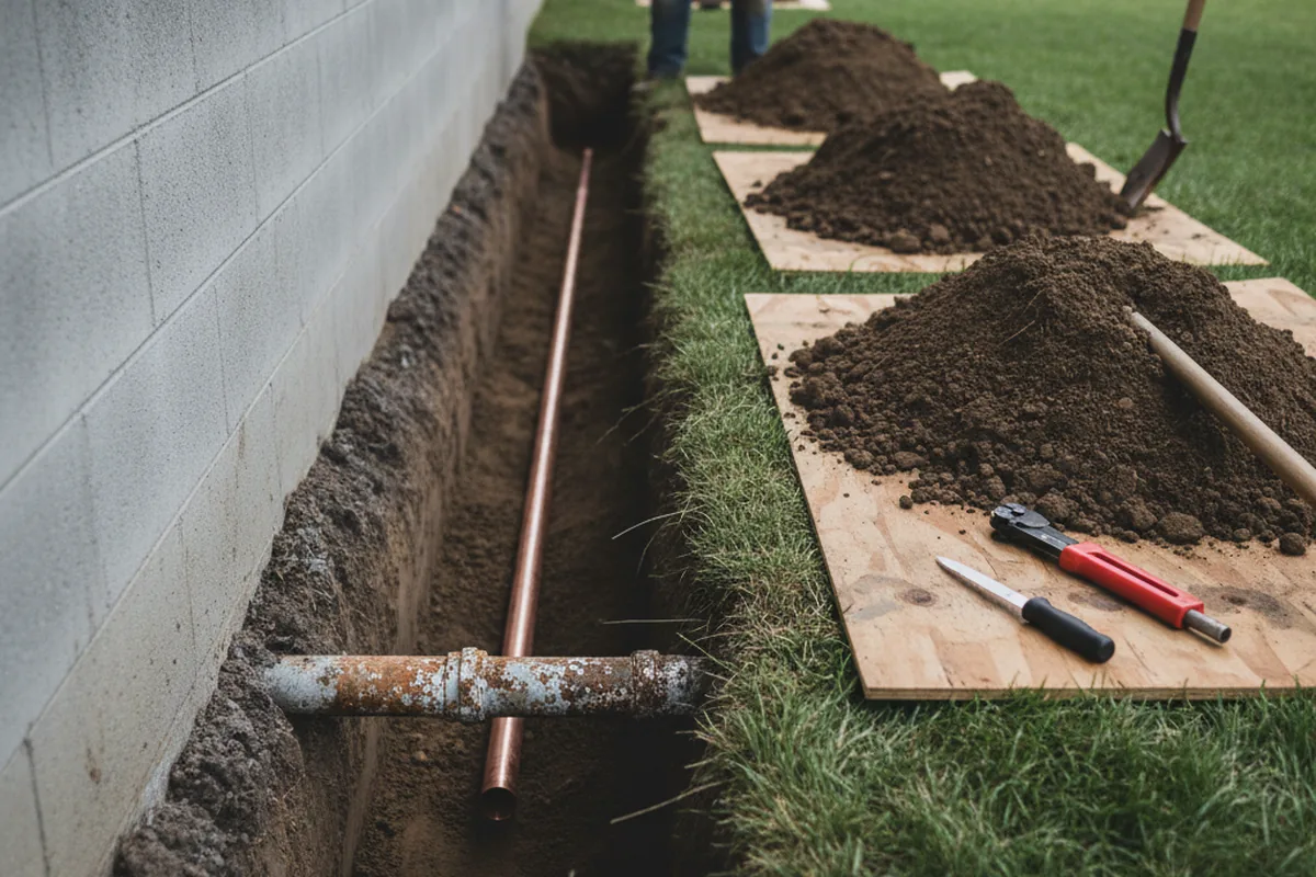 Excavated water line trench during Sewer Line Repair in Portage